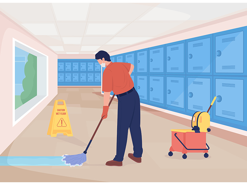 Cleaning school hall flat color vector illustration. Cleaner on sweeping job. Cleansing passageway. Janitor mopping floor 2D cartoon character with lockers row corridor on background